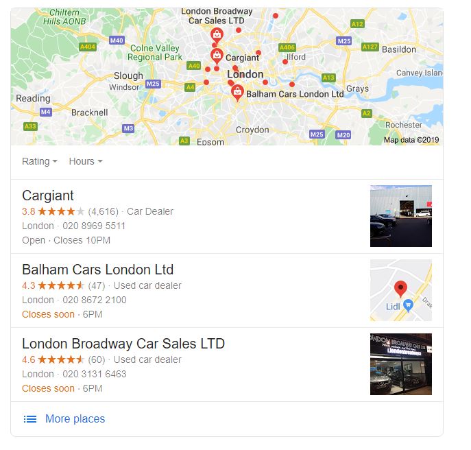 Google Maps screenshot of car dealers in London