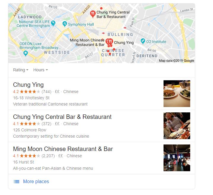 Google maps screenshot of Chinese restaurants in Birmingham