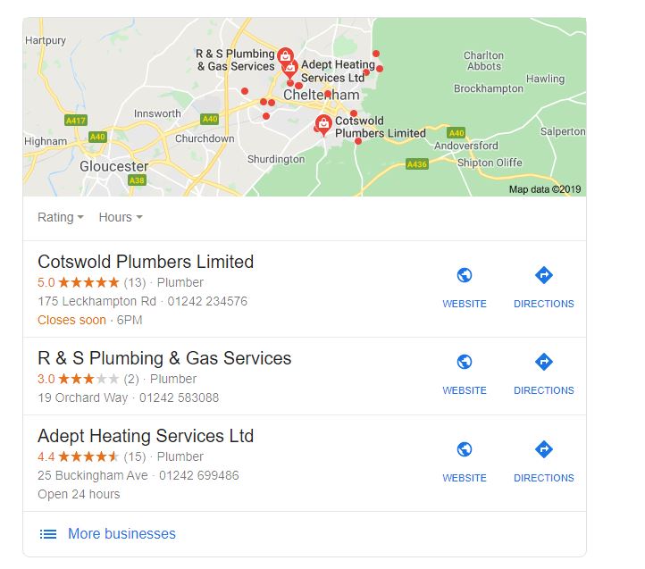 Google Maps list of plumbers