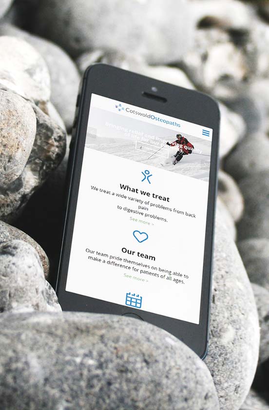 Cotswold Osteopaths responsive website on mobile phone