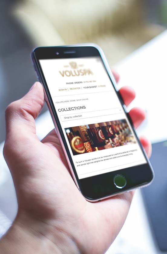 Voluspa ecommerce website on mobile